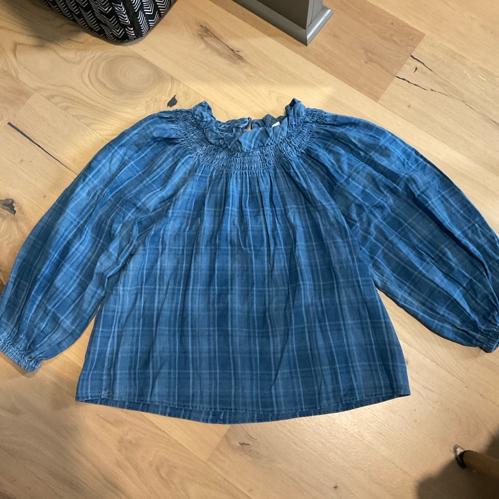 J crew Blue Plaid Smocked Blouse size L